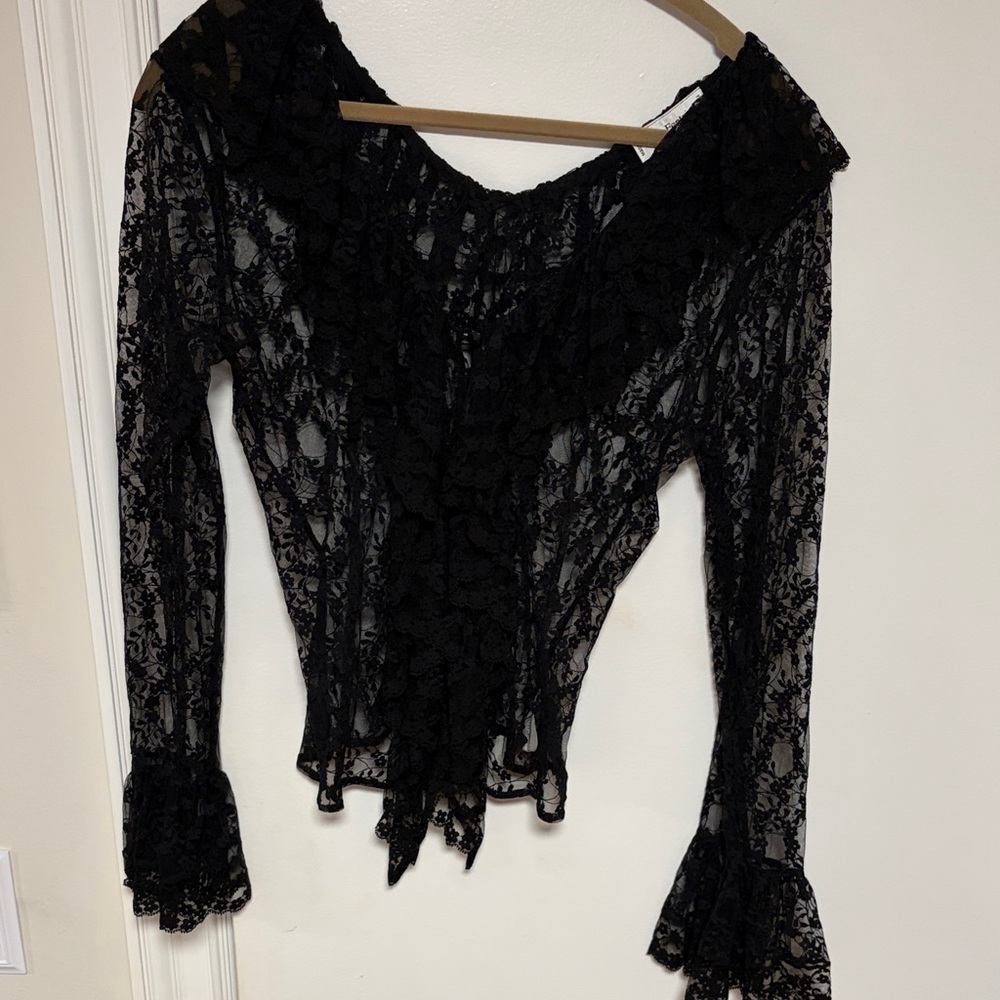 Anne Fontaine Black Lace Long Sleeve Ruffled Blouse